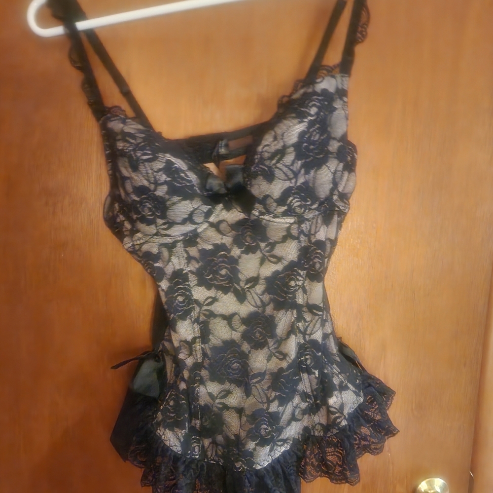 International Intimates Sexy Black/Beige Sheer Floral Lace Corset Top Bows  Sz L